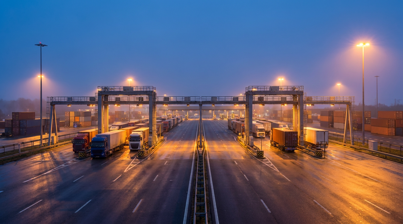 European customs commercial cargo screening checkpoint at twilight