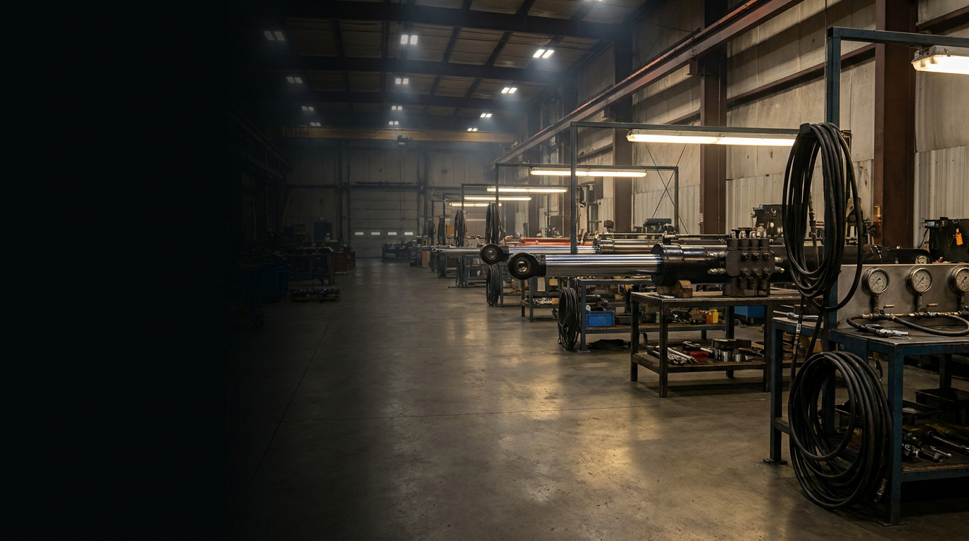 Industrial fluid power assembly bay with heavy hydraulic cylinders and manifold test stations