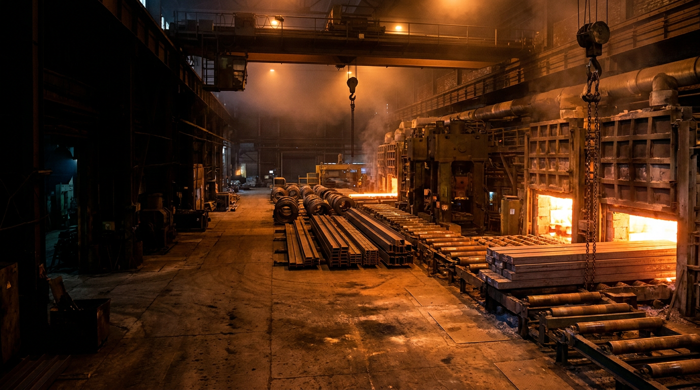 Heavy industrial steel mill with billet furnaces and structural steel roller tables