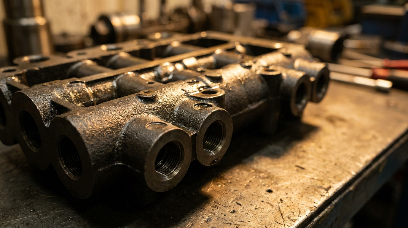 Macro photograph of precision machined ductile iron hydraulic valve manifold block with threaded fluid ports