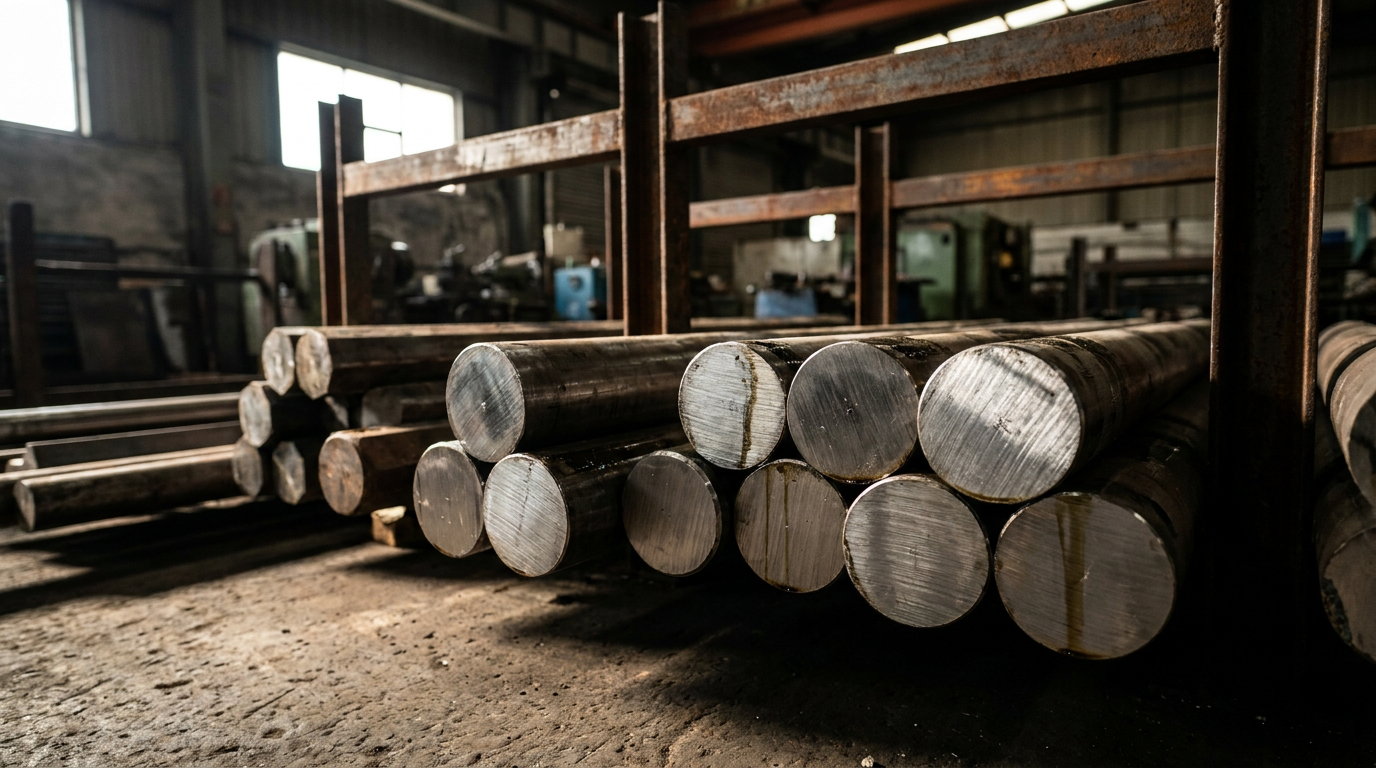 Macro photograph of solid round and hex alloy steel bars stacked horizontally on industrial warehouse racks