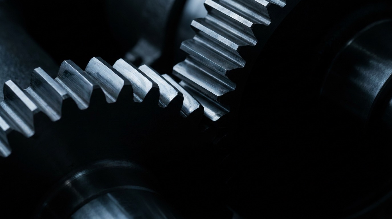 Macro detail of heavy interlocking industrial steel gears reflecting soft steel-blue directional light on a deep dark background
