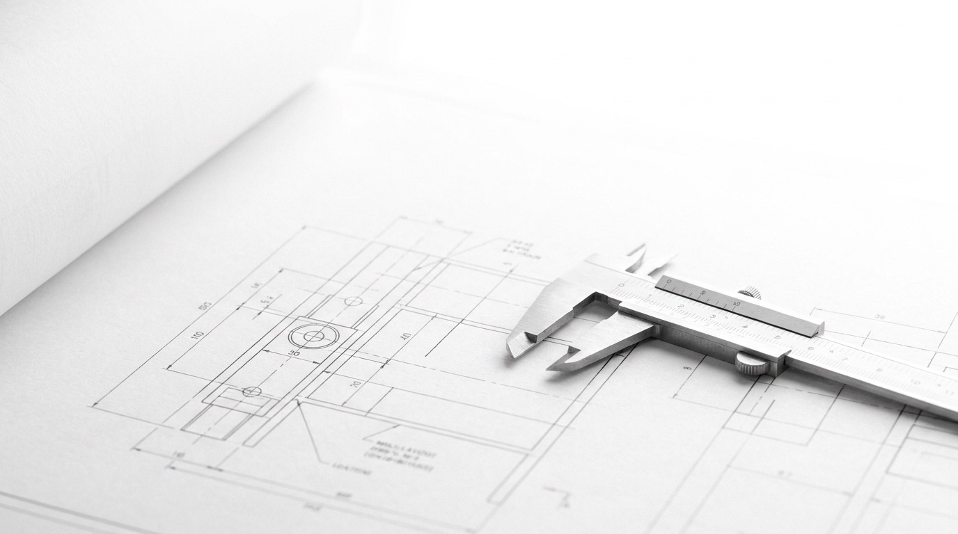 Severe macro detail of precise brushed aluminum industrial caliper on detailed unrolled engineering blueprint
